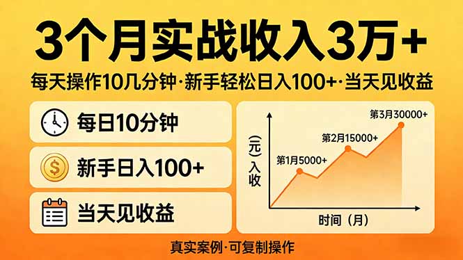 3个月实战收入3万+，每天操作10几分钟，新手轻松日入100+，当天见收益-夜猫资源俱乐部