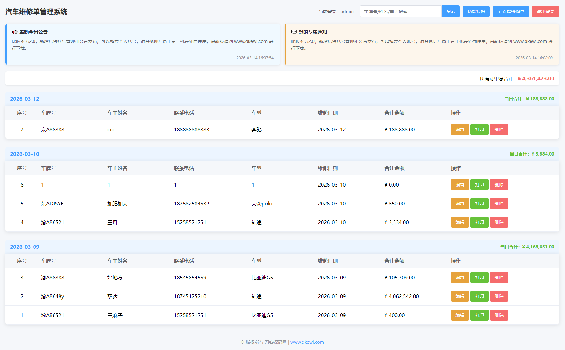 汽修单管理系统源码-夜猫资源俱乐部