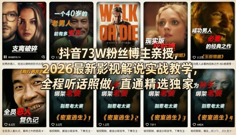 抖音73W粉丝博主亲授，2026最新影视解说实战教学，全程听话照做，直通精选独家-夜猫资源俱乐部