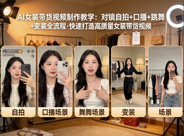 AI女装带货视频制作教学,对镜自拍、口播、跳舞、变装全流程,快速打造高质量女装带货视频-夜猫资源俱乐部