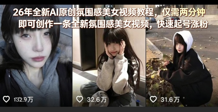 26年全新AI原创氛围感美女视频教程,仅需两分钟即可创作一条全新氛围感美女视频,快速起号涨粉-夜猫资源俱乐部
