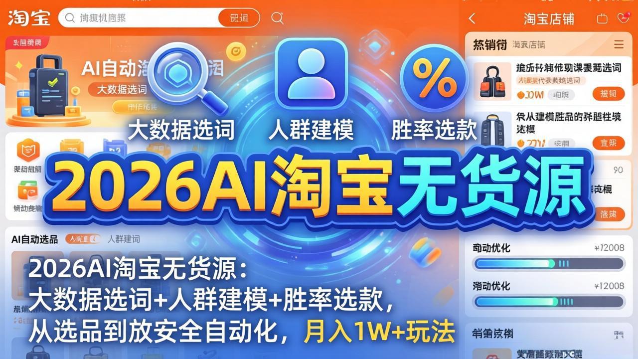2026AI淘宝无货源：大数据选词+人群建模+胜率选款，从选品到放大全自动化，月入1W+玩法-夜猫资源俱乐部