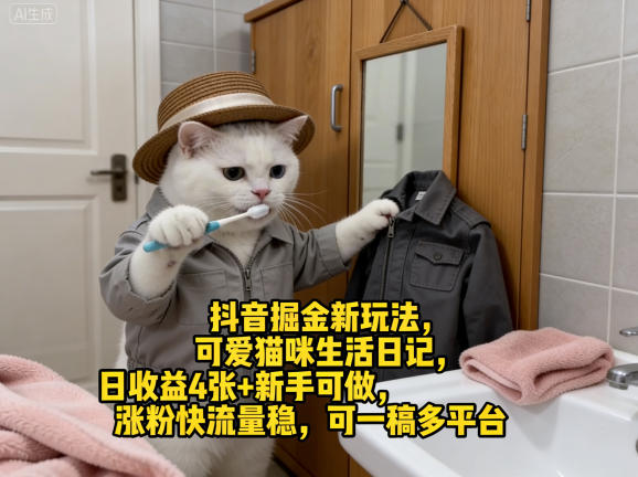 抖音掘金新玩法，可爱猫咪生活日记，日收益4张+新手可做，涨粉快流量稳，可一稿多平台-夜猫资源俱乐部