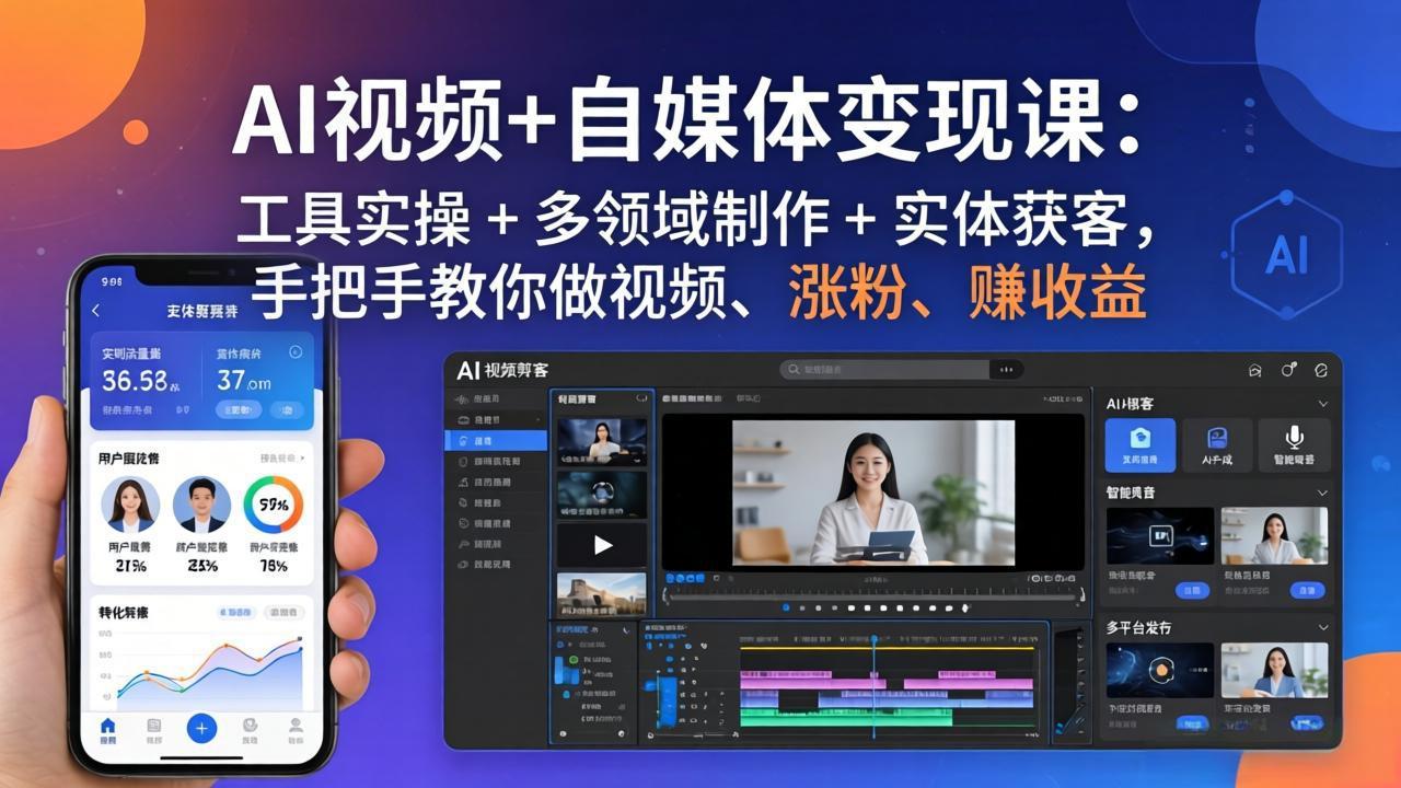 AI视频+自媒体变现课:工具实操 + 多领域制作 + 实体获客,手把手教你做视频、涨粉、赚收益-夜猫资源俱乐部