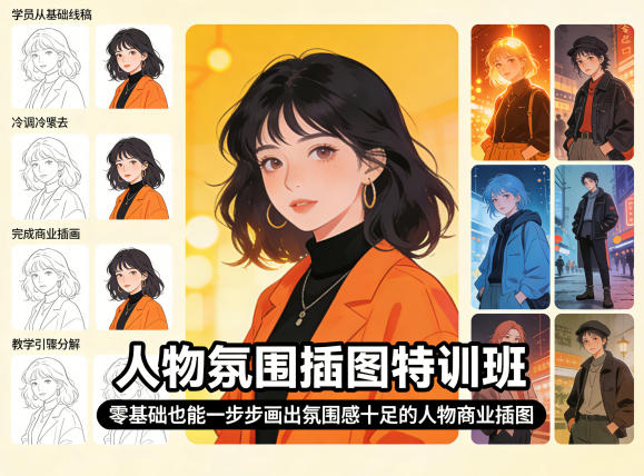 人物氛围插图特训班，零基础也能一步步画出氛围感十足的人物商业插图-夜猫资源俱乐部