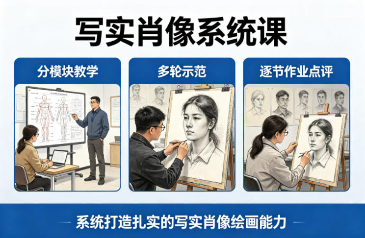 写实肖像系统课,全程分模块教学+多轮示范+逐节作业点评,系统打造扎实的写实肖像绘画能力-夜猫资源俱乐部